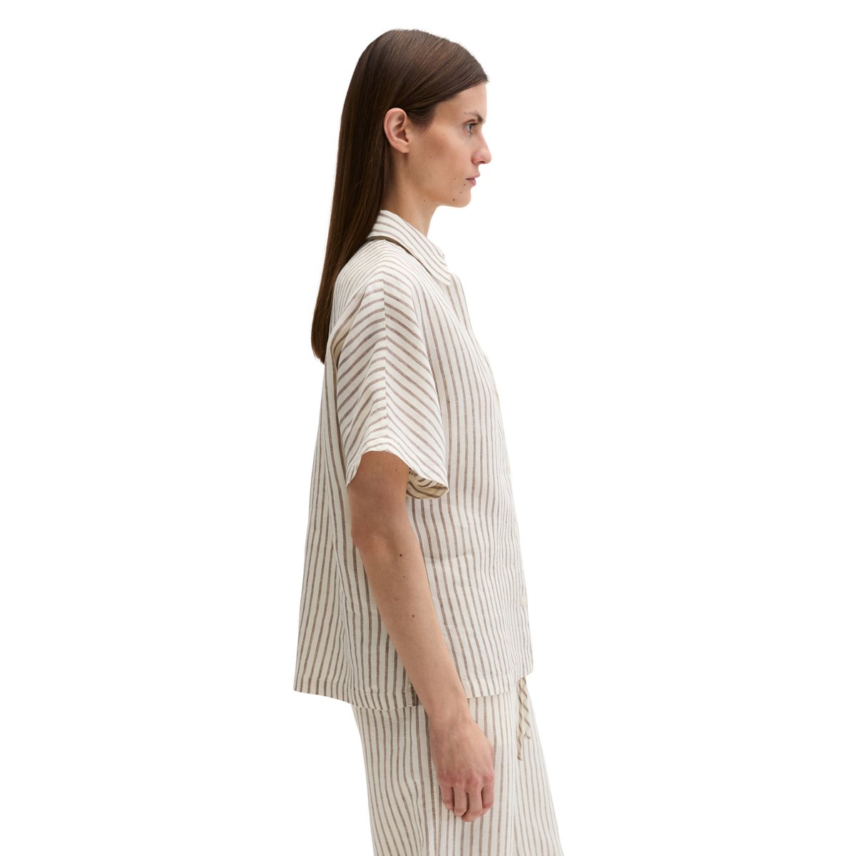 Blouse en lin regular avec motif à rayures teinté dans la masse marron, MARC O'POLO
