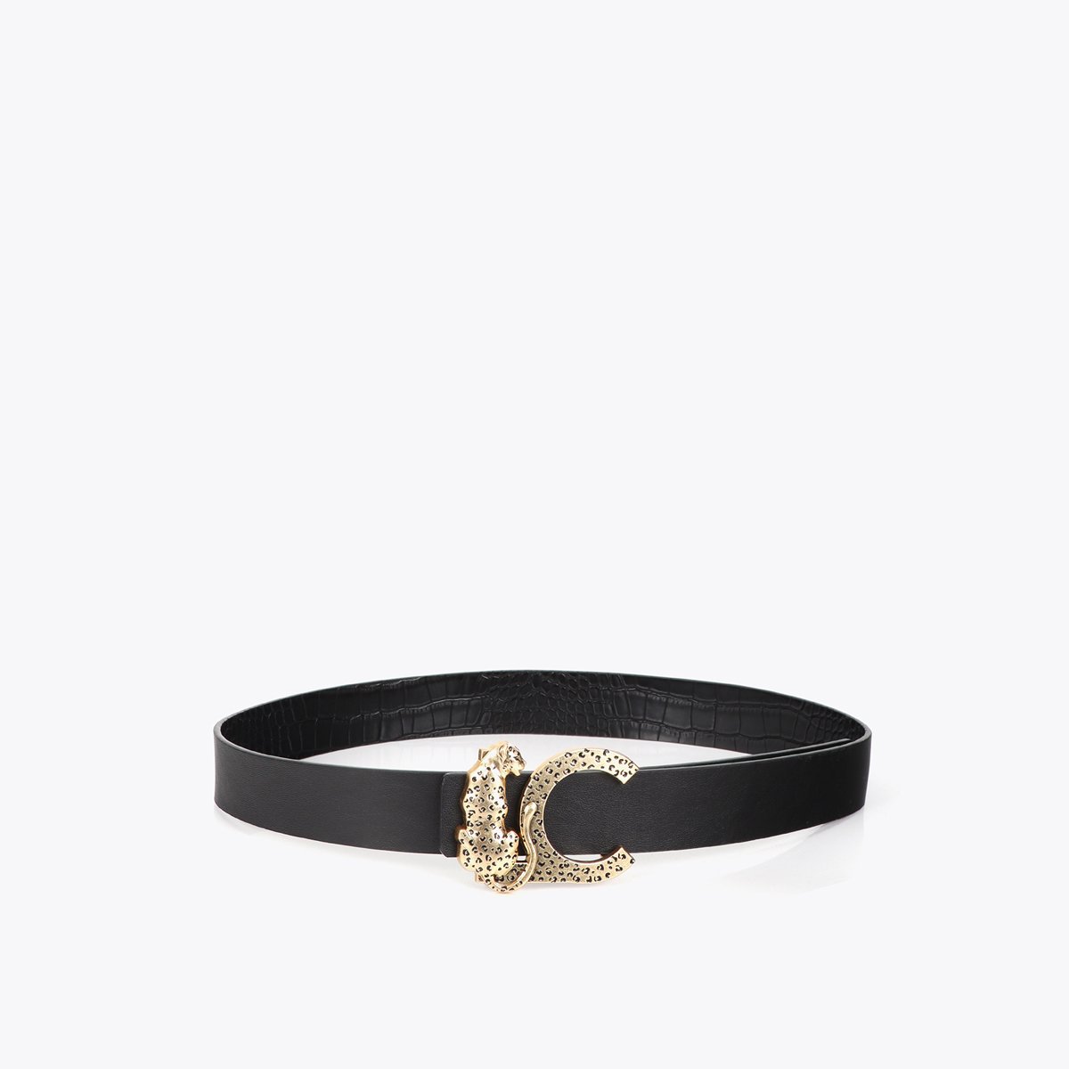 Ceinture effet croco à boucle félin noir, LOLA CASADEMUNT