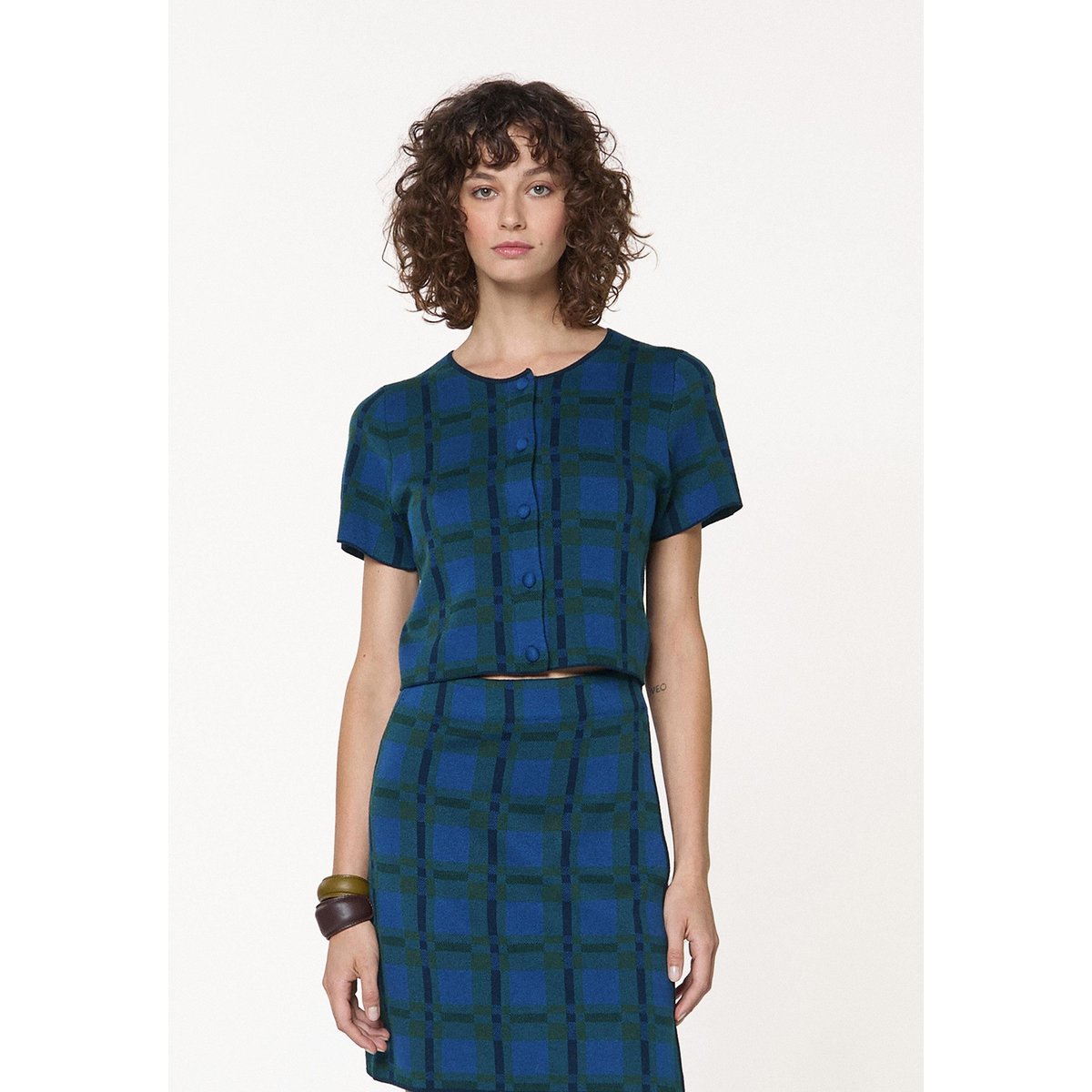 Chemise courte à carreaux en maille bleu, RODIER