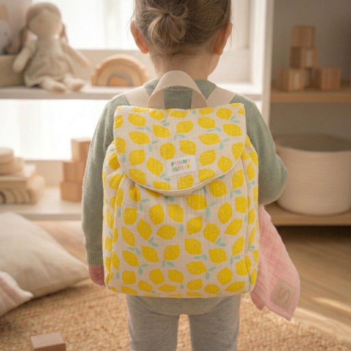 Sac à dos maternelle ecru, jaune, bleu, SAUTHON