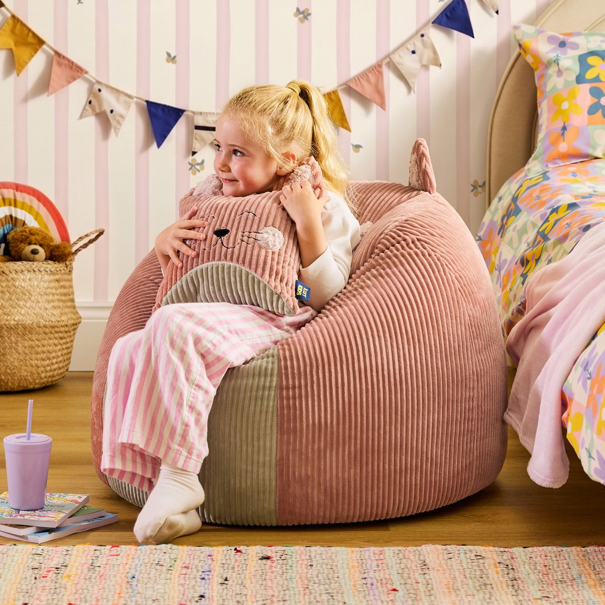 Pouf poire animal pour enfant avec coussin en velours côtelé Oeko-Tex® rose chat, ICON