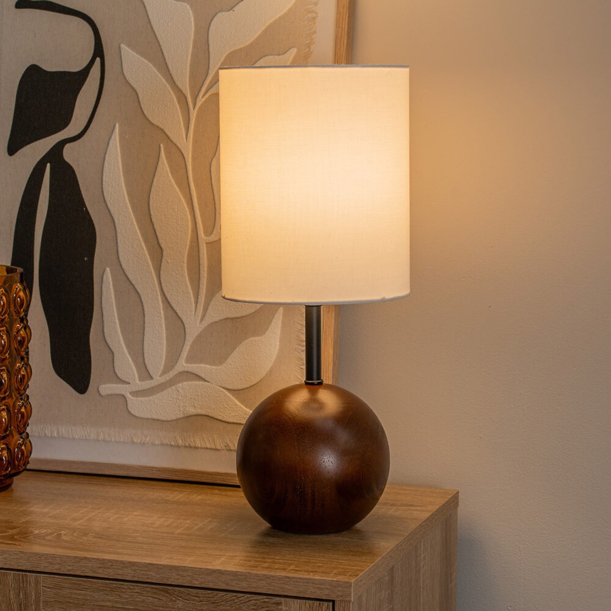 Broderick Walnut Wood Ball Table Lamp with Tall Linen Shade transparent, SO'HOME