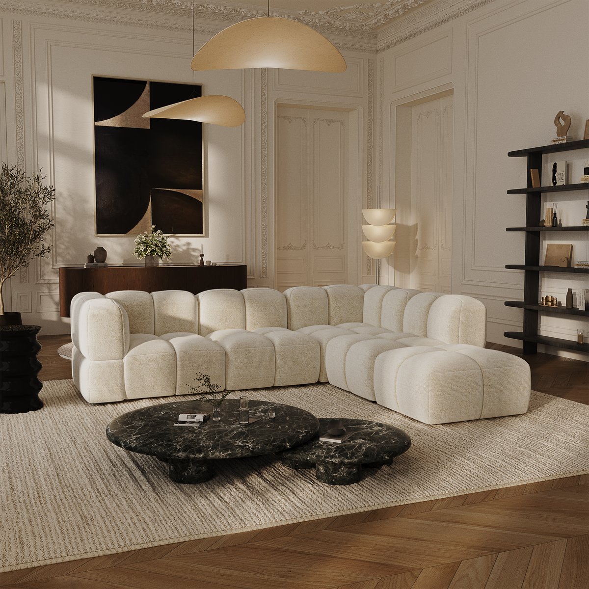 Canapé grand angle droit modulable 7 places en velours texturé NUBI crème, SIA HOME