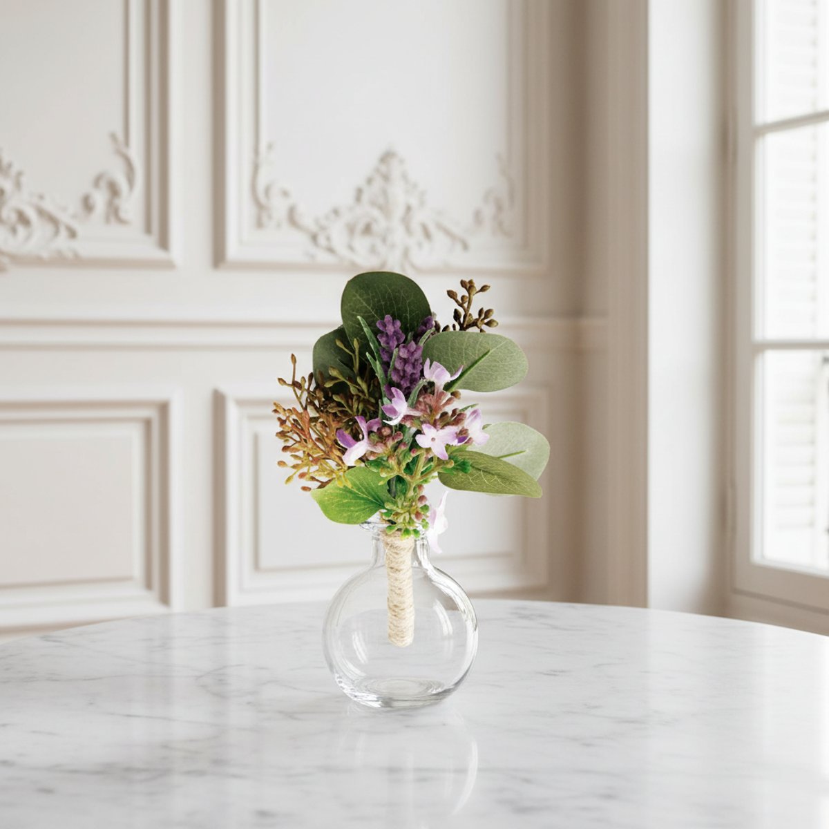 Boutonnière lavande et d'eucalyptus artificielle H15 violet, SIA DECO