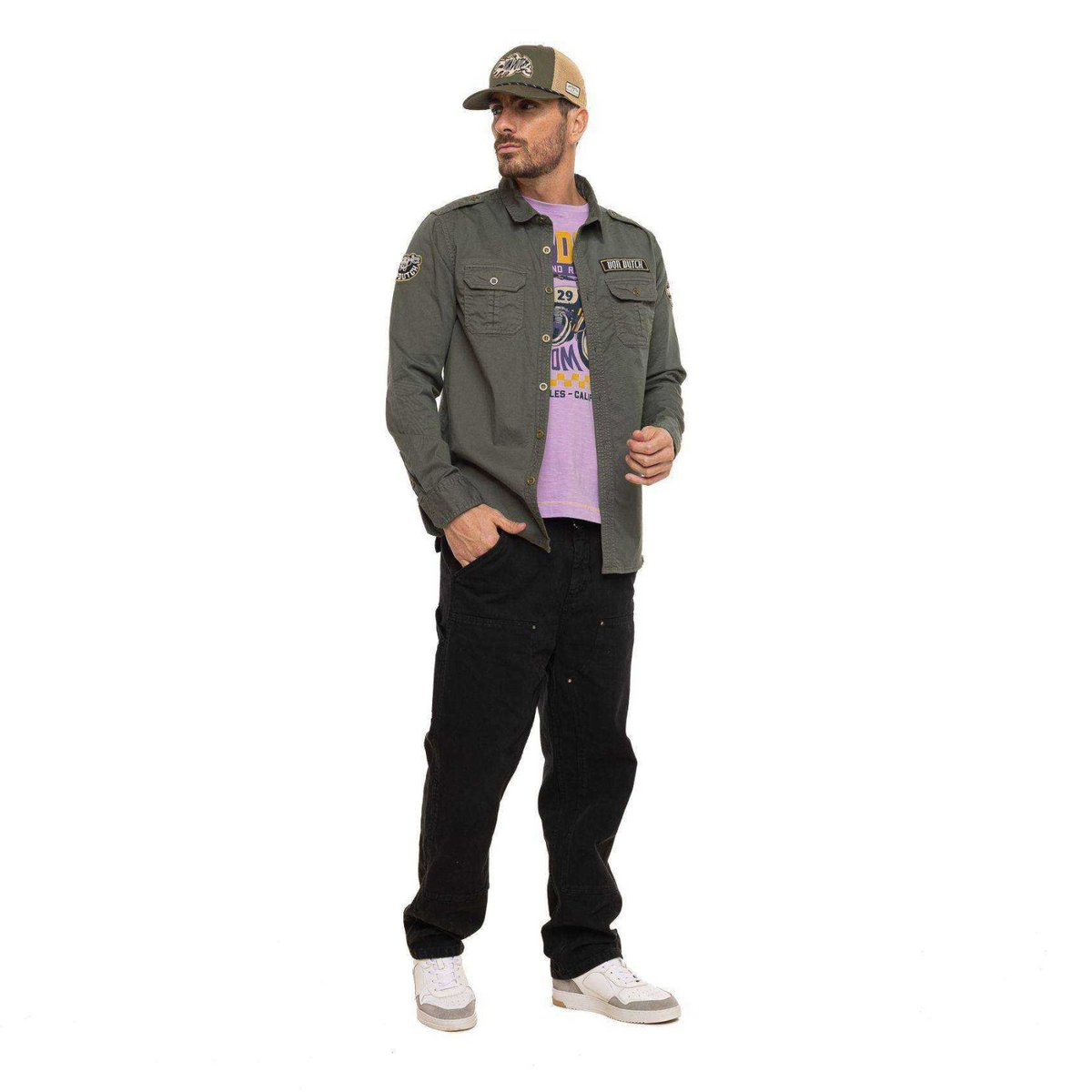 Chemise en coton IVY kaki/noir/jaune, VON DUTCH