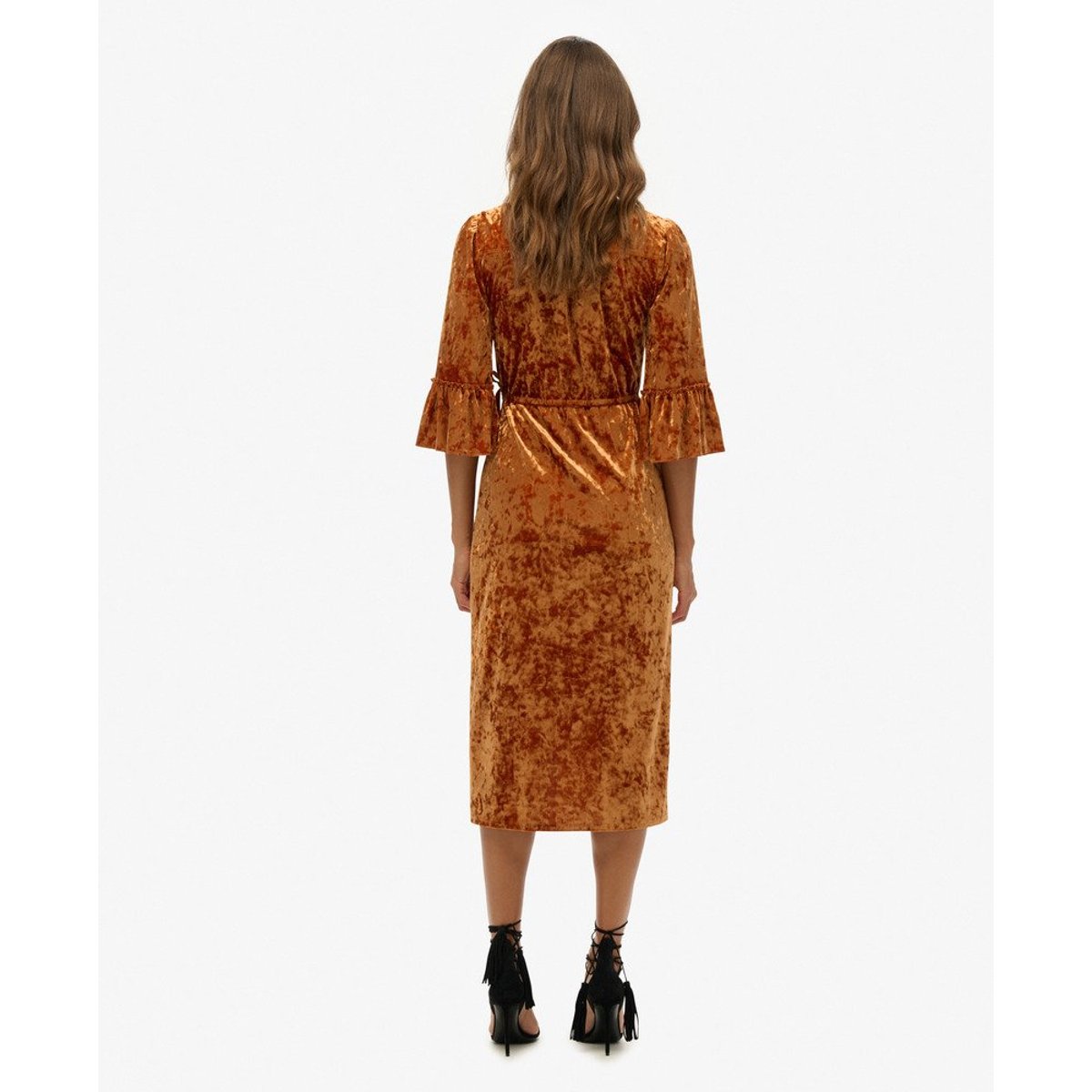 Robe portefeuille mi-longue en velours à manches courtes marron tabac, SUPERDRY