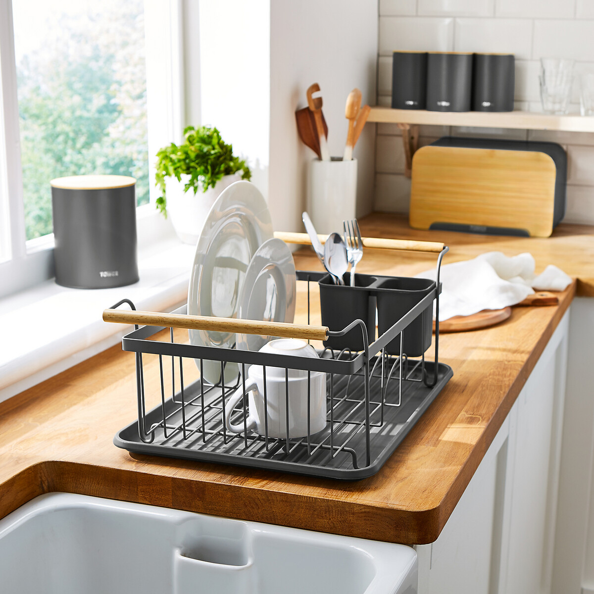Scandi Dish Rack with Wooden Detail grey, TOWER