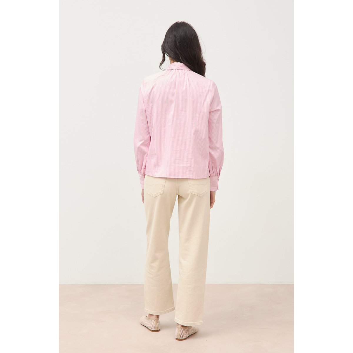 Chemise droite col noeud manches longues rose poudrée, BONOBO