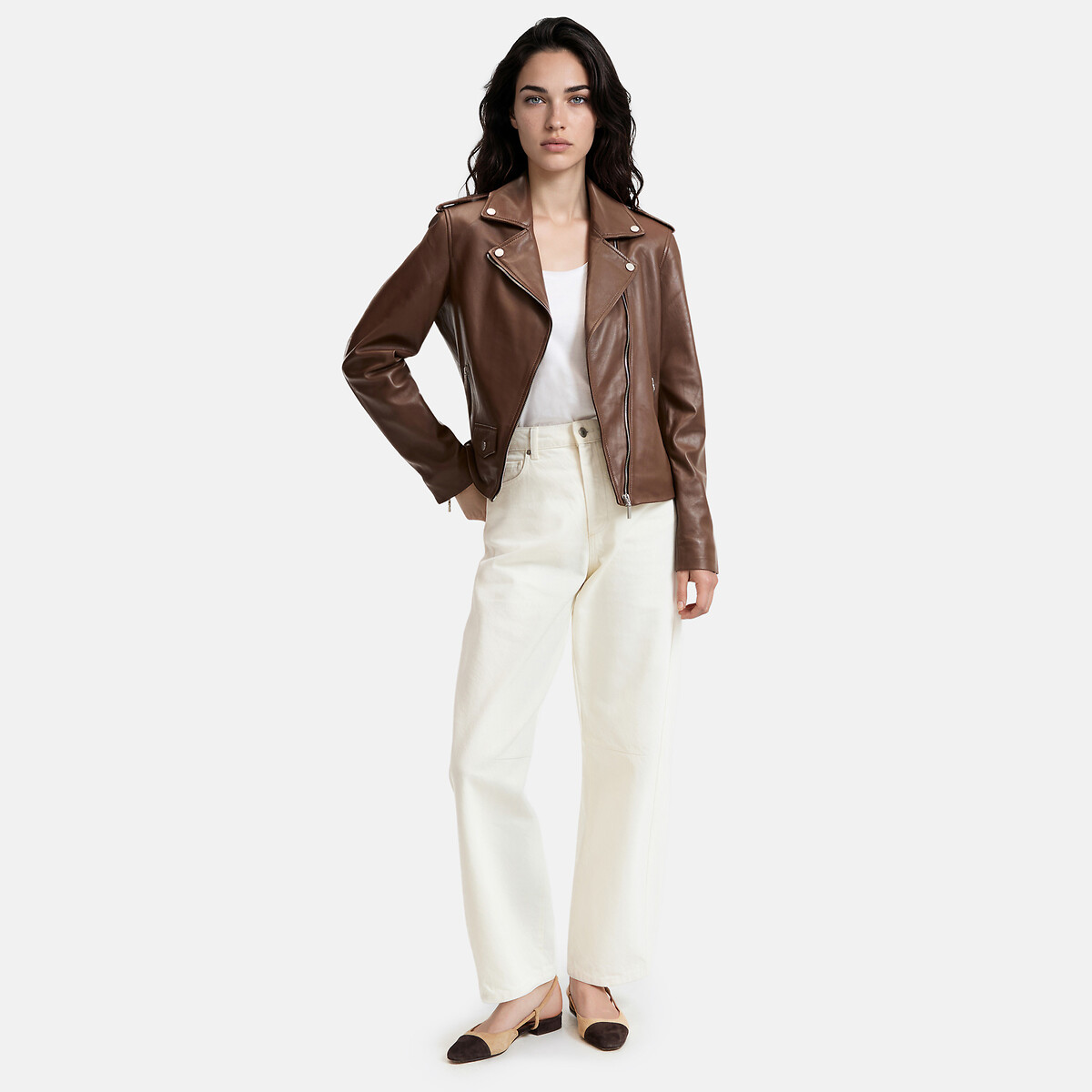 Zip-up leather biker jacket brown, LA REDOUTE COLLECTIONS