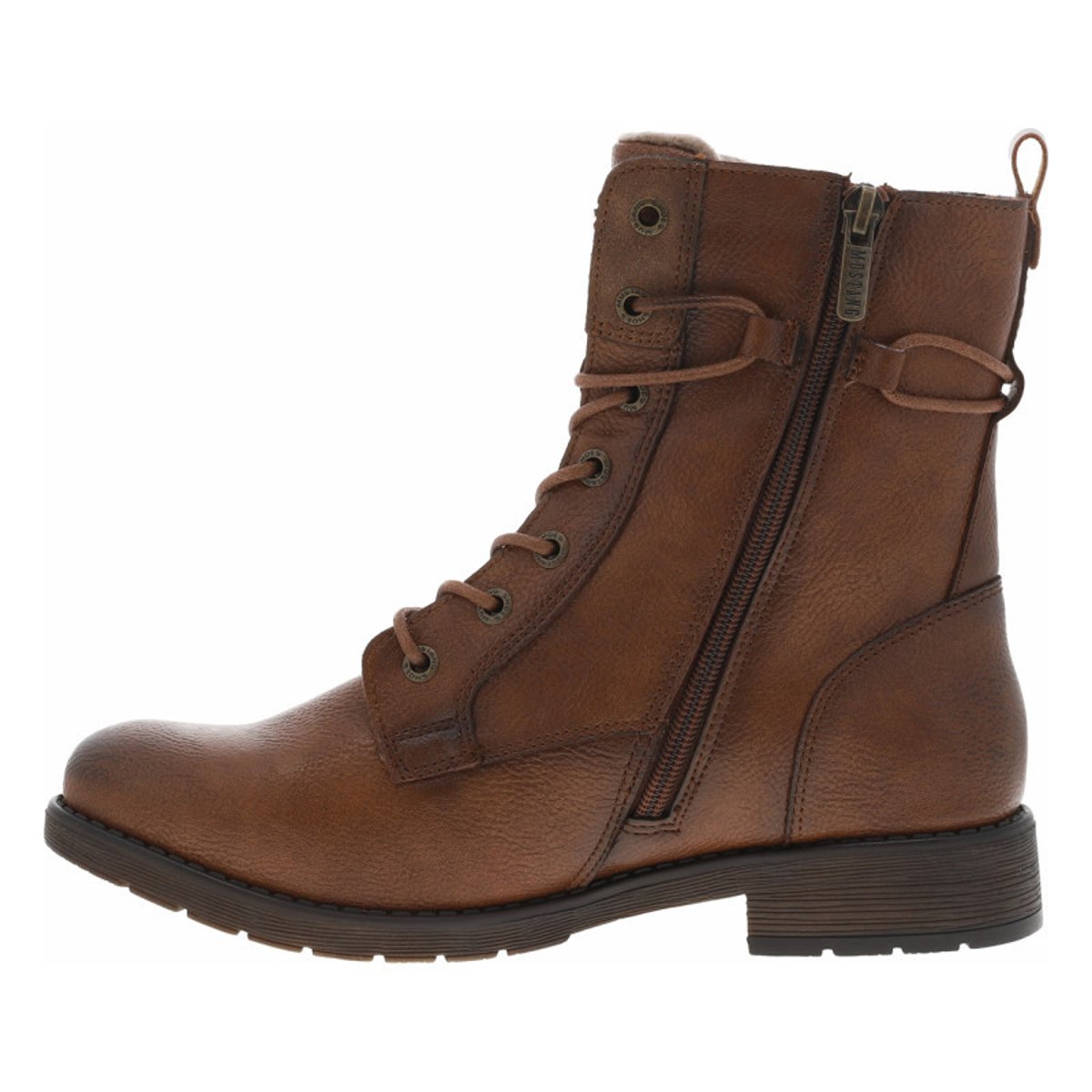 Bottines cognac à talon décroché bas avec un zip et des lacets ronds cognac, MUSTANG