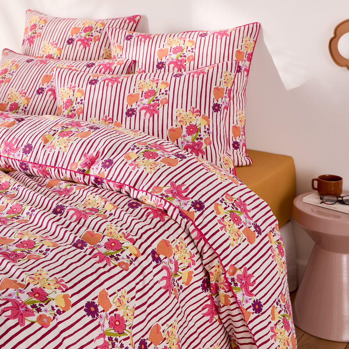 Funda de almohada de algodón lavado, estampado de rayas y flores, BELARDI estampado floral rosa, LA REDOUTE INTERIEURS