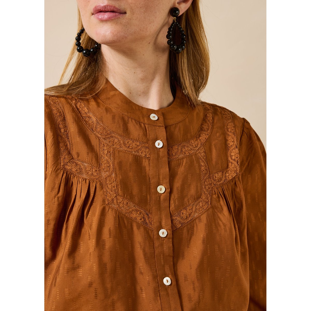Chemise en jacquard manches longues cognac, LA FEE MARABOUTEE