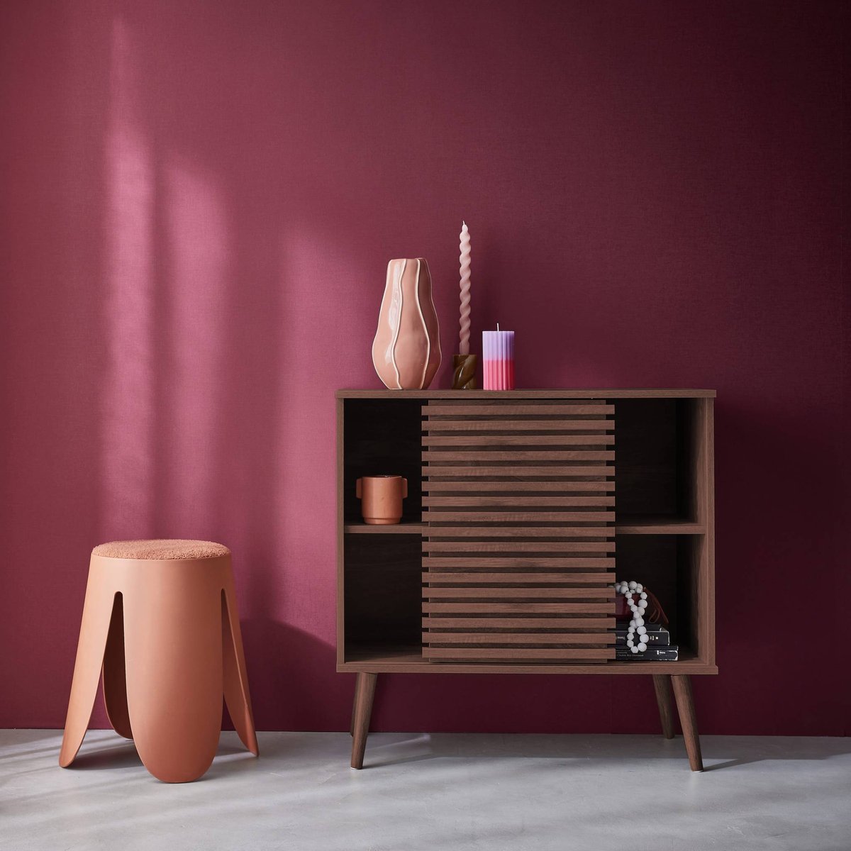 Buffet scandinave décor bois rainuré 1 porte coulissante 80cm MADERE naturel, SWEEEK