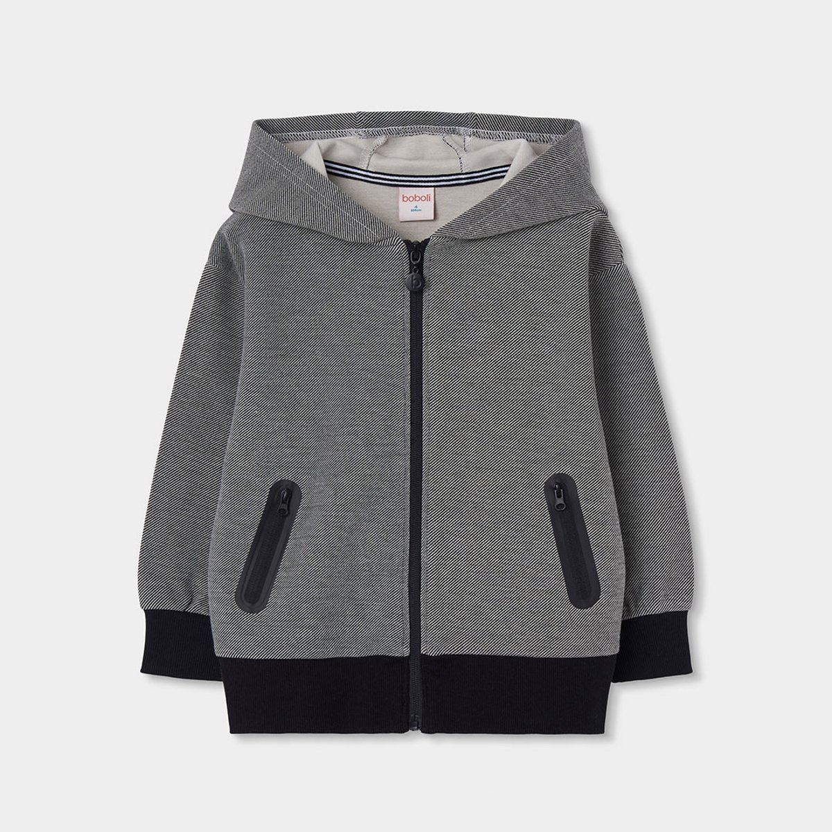 Sweat zippé garçon en maille à capuche noir, BOBOLI
