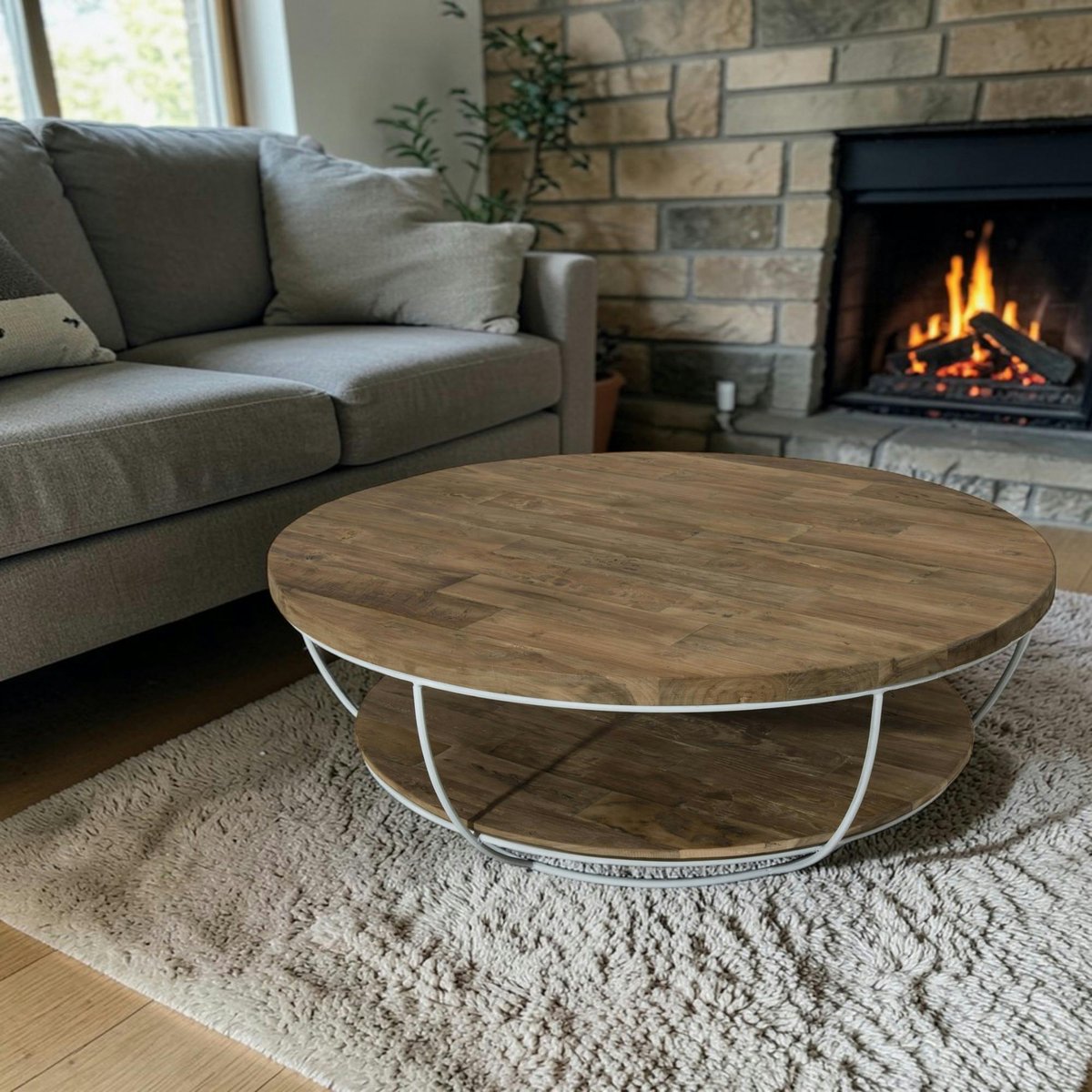 Table basse en teck ronde double plateau SWING blanc, PIER IMPORT