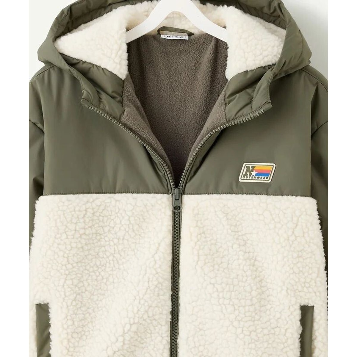Blouson à capuche avec détails en sherpa kaki/écru, TAPE A L'OEIL