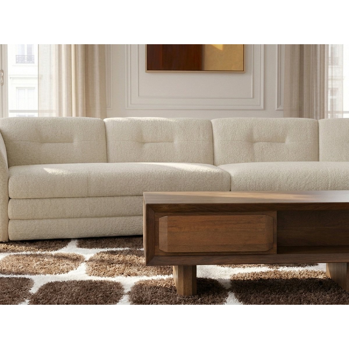 Canapé droit fixe 4 places en tissu chiné, MARBLE beige, BOBOCHIC