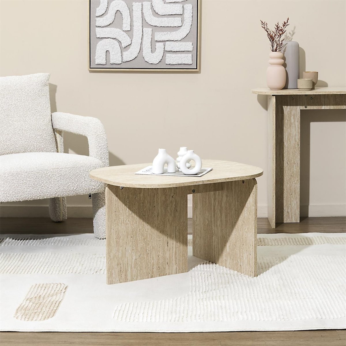 Table basse ovale effet travertin PIETRA beige, THE HOME DECO FACTORY