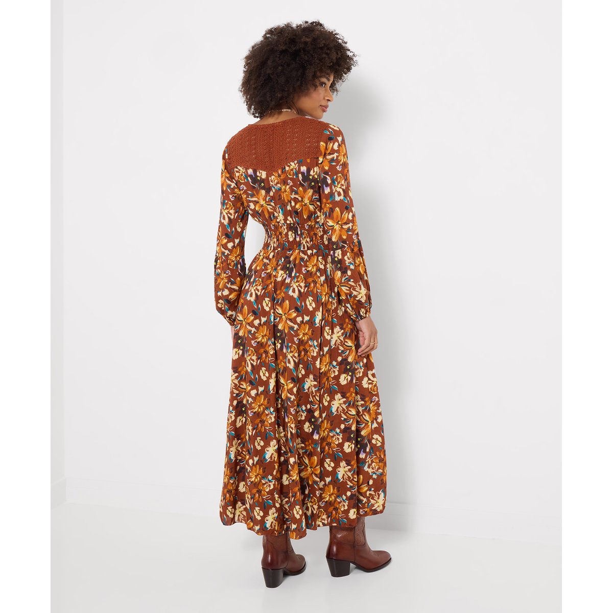 Robe Longue Fleurie à Empiècement en Dentelle Sienna marron, JOE BROWNS