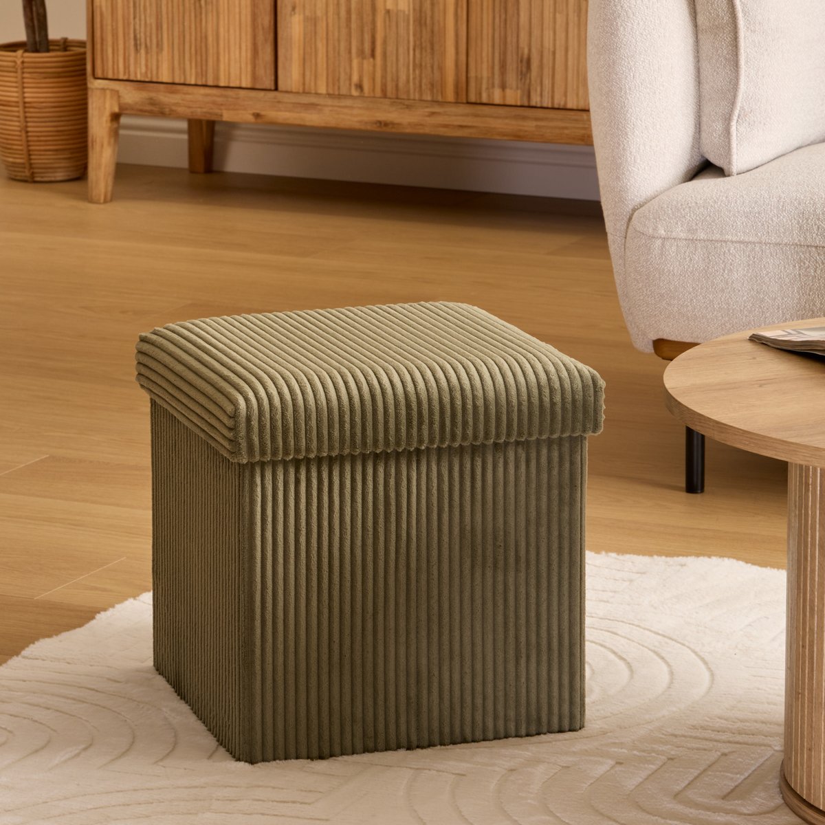 Pouf pliant coffre de rangement en velours côtelé ARUM vert kaki, ATMOSPHERA