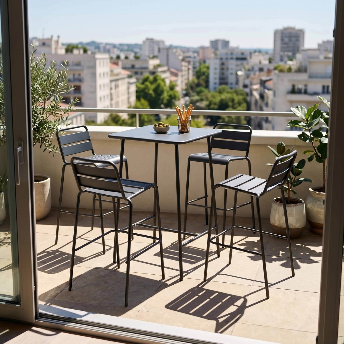 Table de bar et 4 chaises hautes en métal, PALAVAS gris anthracite, OVIALA
