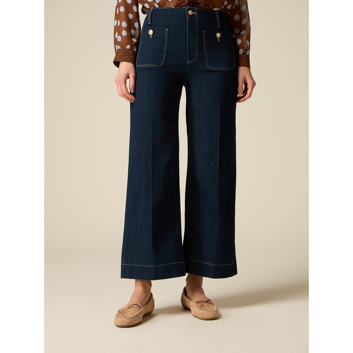 Jean court taille haute avec applications bleu, OLTRE