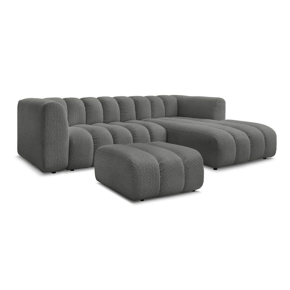 Canapé d'angle fixe 4 places en tissu bouclette avec pouf, TALIA gris foncé, BOBOCHIC