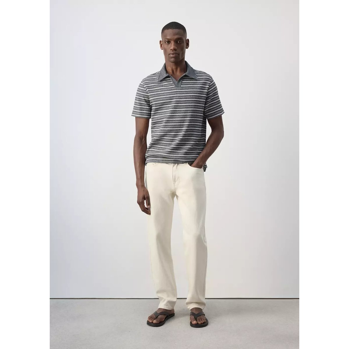 Polo en mélange de coton texturé à rayures bleu marine, MANGO MAN