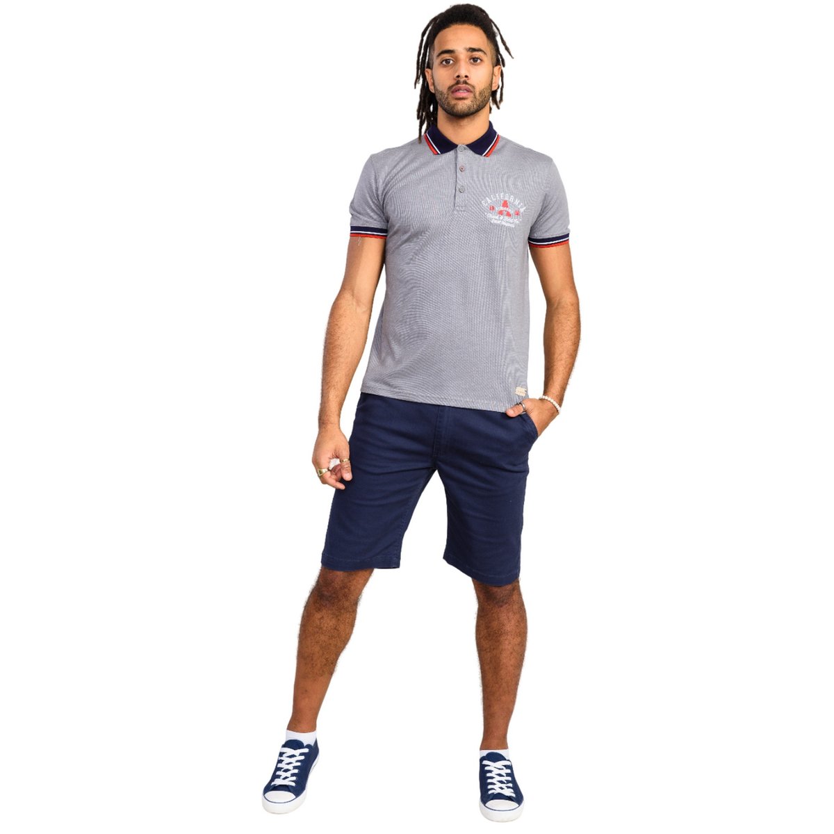 Polo motif/style brodé et rayures grande taille MERSEA gris chiné, DUKE