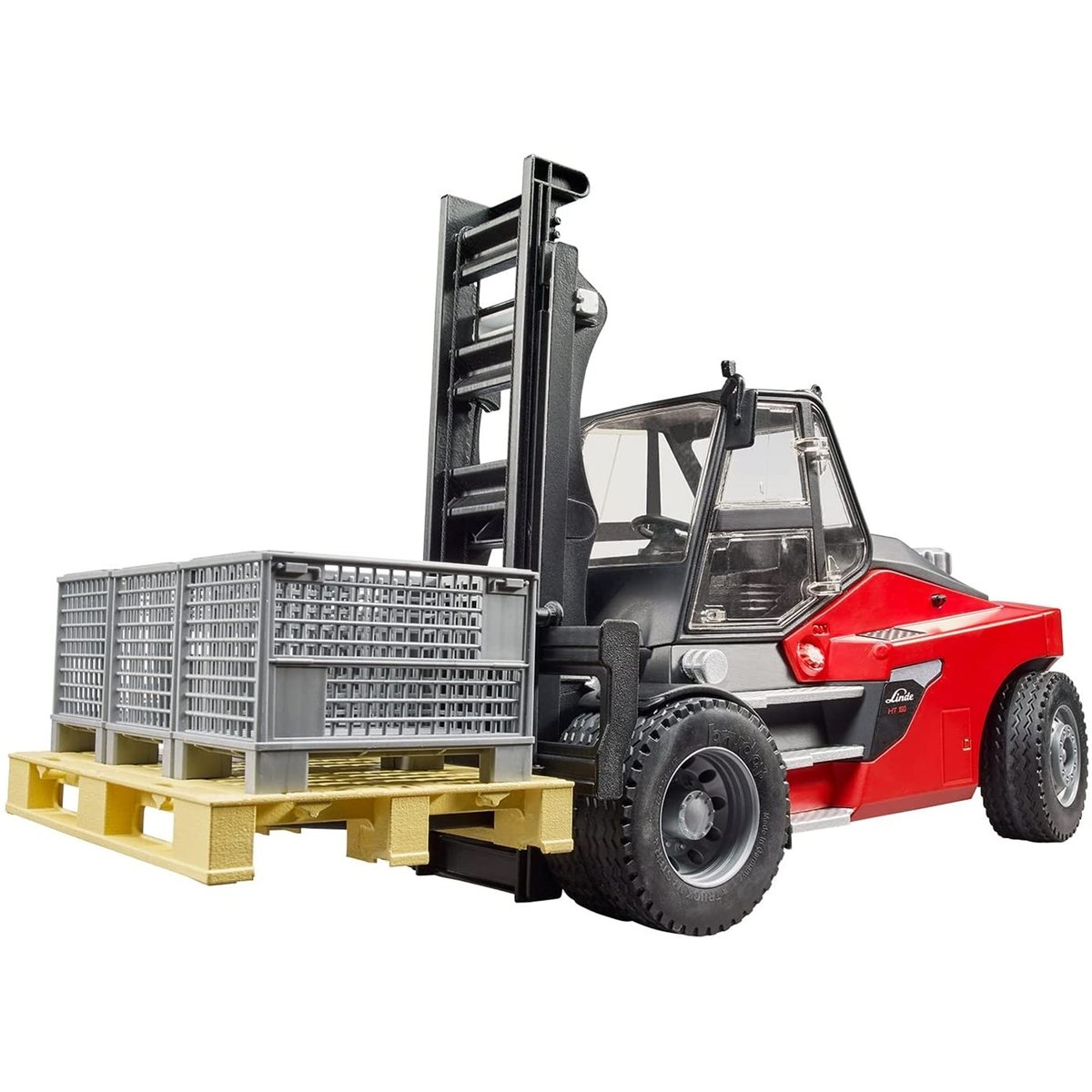 Chariot élévateur Linde HT160D avec palette et 3 gitterbox multicolore, BRUDER