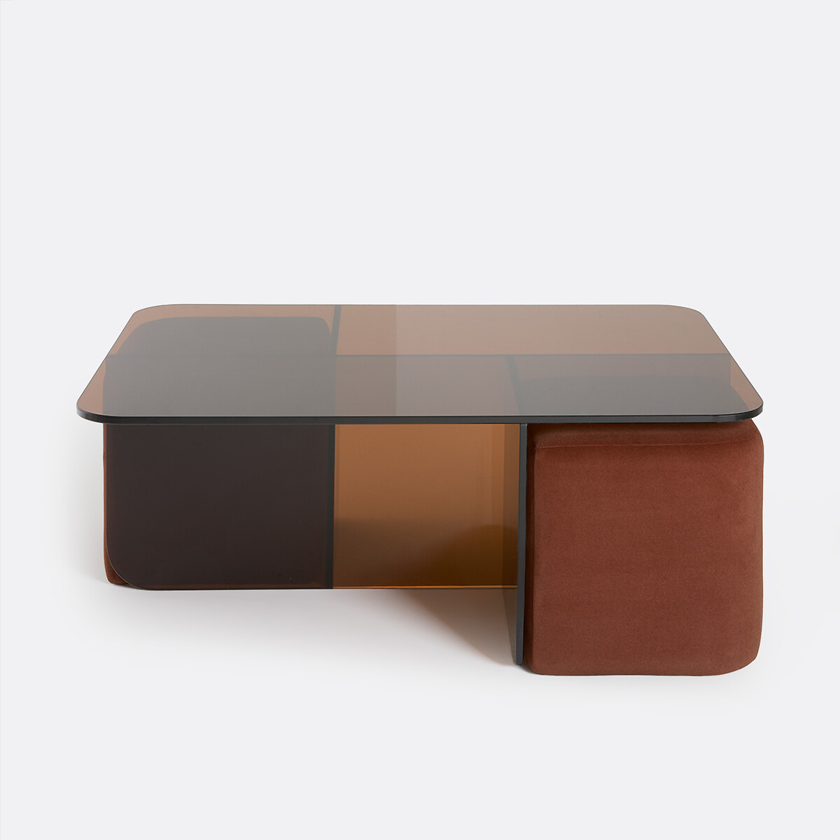 Table basse en verre trempé ambré, et ses 2 poufs en tissu, DELLA terracotta, LA REDOUTE INTERIEURS