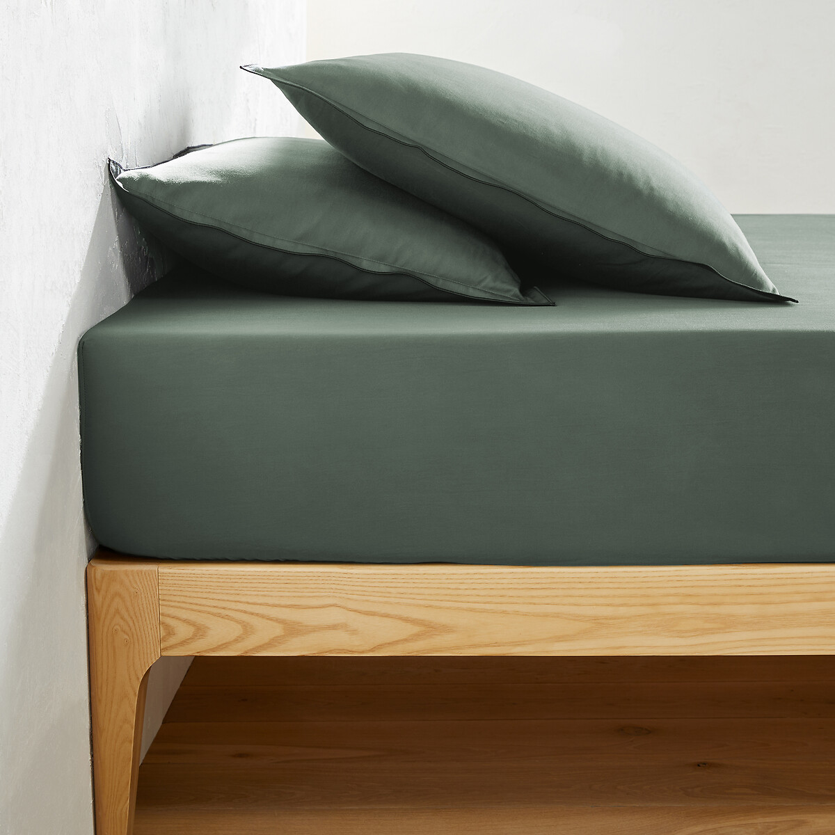 Drap-housse en satin de coton lavé, 118 fils, Victor uni cèdre, LA REDOUTE INTERIEURS