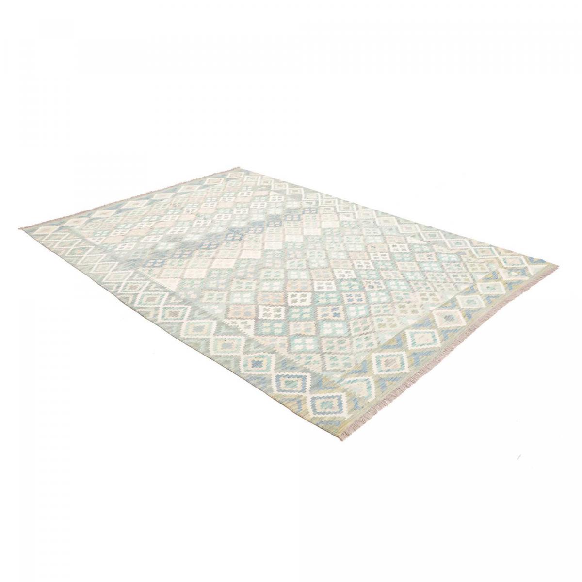 Tapis d'orient géométrique, tissé plat en laine, KILIM 20 bleu, beige, blanc, UN AMOUR DE TAPIS
