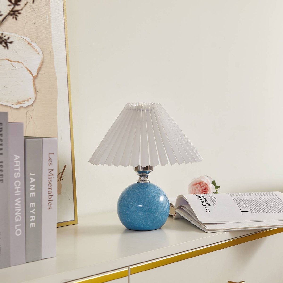 Lampe à poser en céramique scandinave crème, bleu, LINDBY