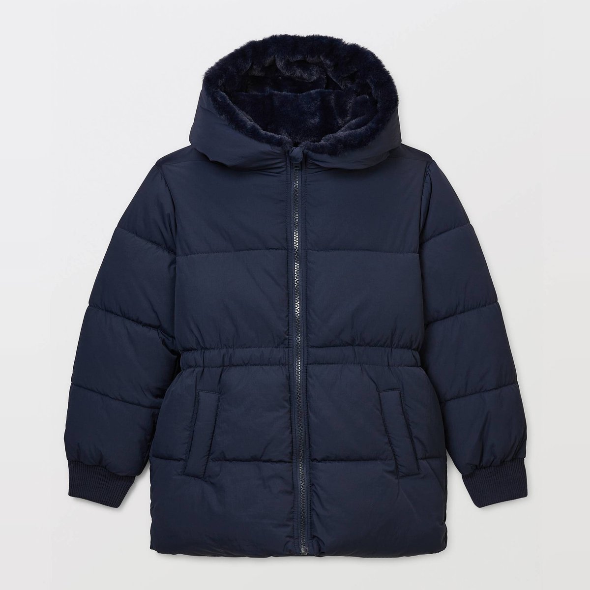 Doudoune longue à capuche resserrée à la taille marine, MONOPRIX