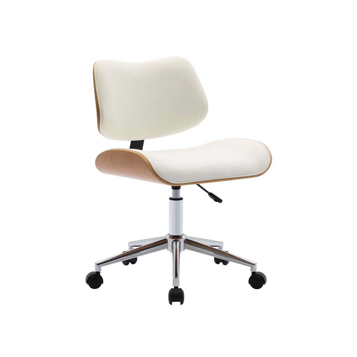 Chaise de bureau à roulettes décor bois courbé et simili cuir KAREN blanc, SWEEEK