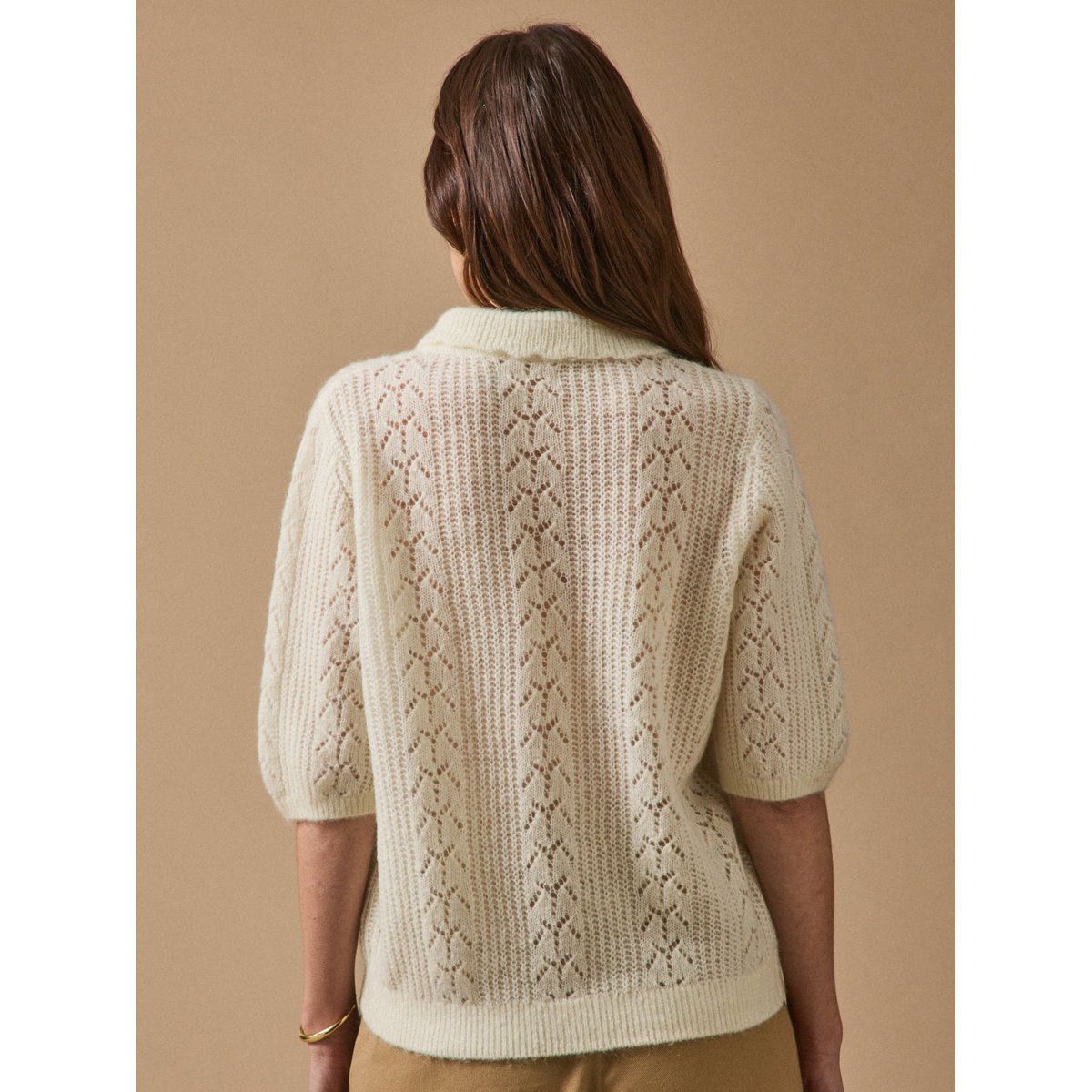 Gilet col polo avec laine et mohair ecru, CYRILLUS