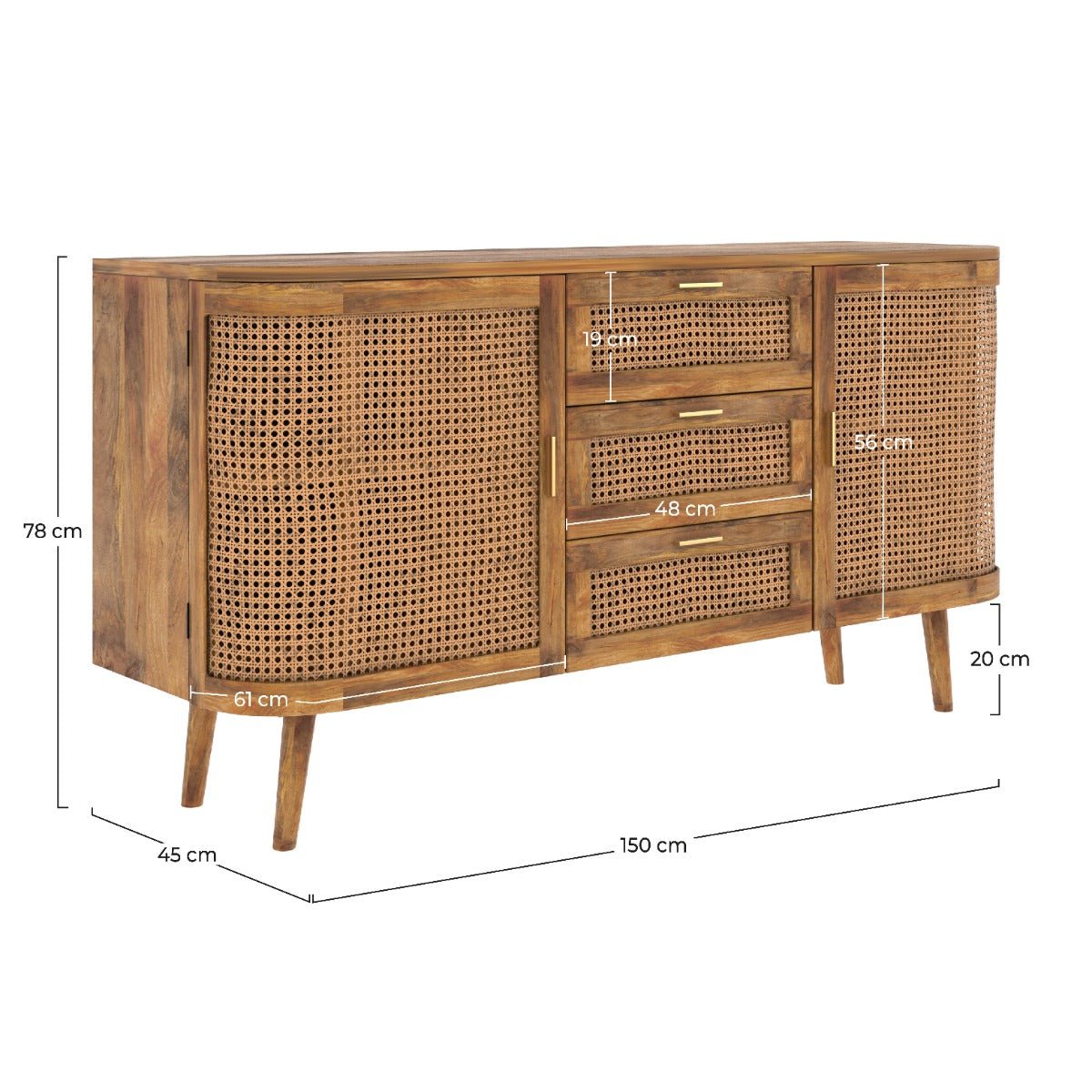 Buffet 2 portes et 3 tiroirs en cannage - WAVA marron clair, MAISON PAVANE
