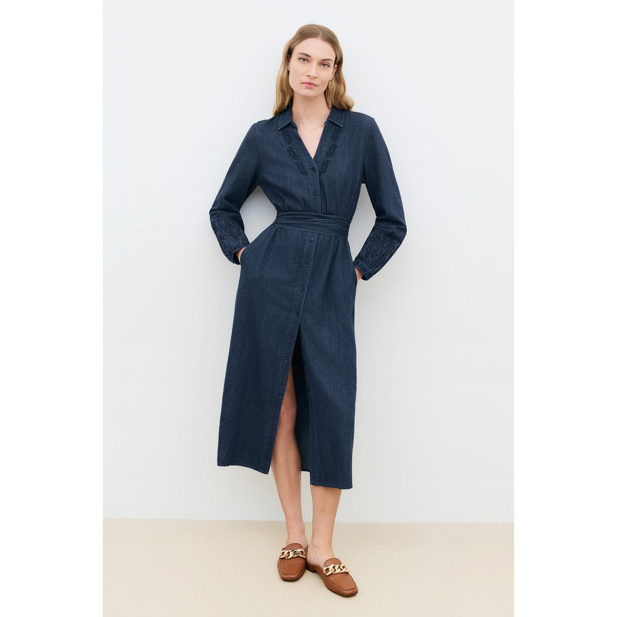 Robe longue col chemise ROLANE denim stone, CAROLL