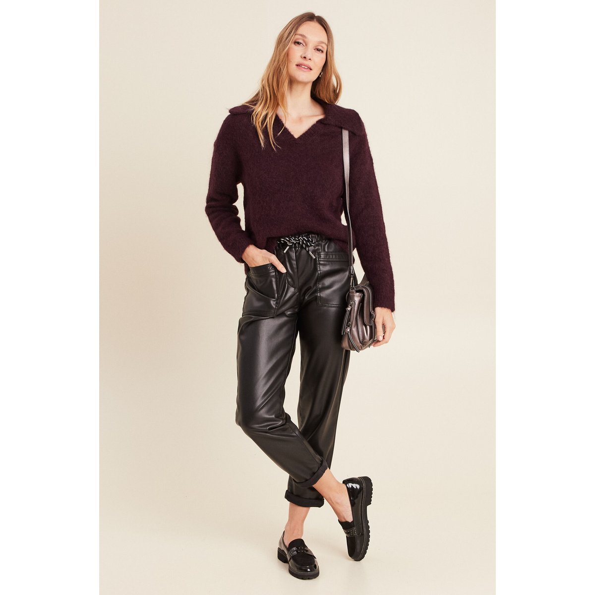 Pull manches longues col polo bordeaux, BREAL