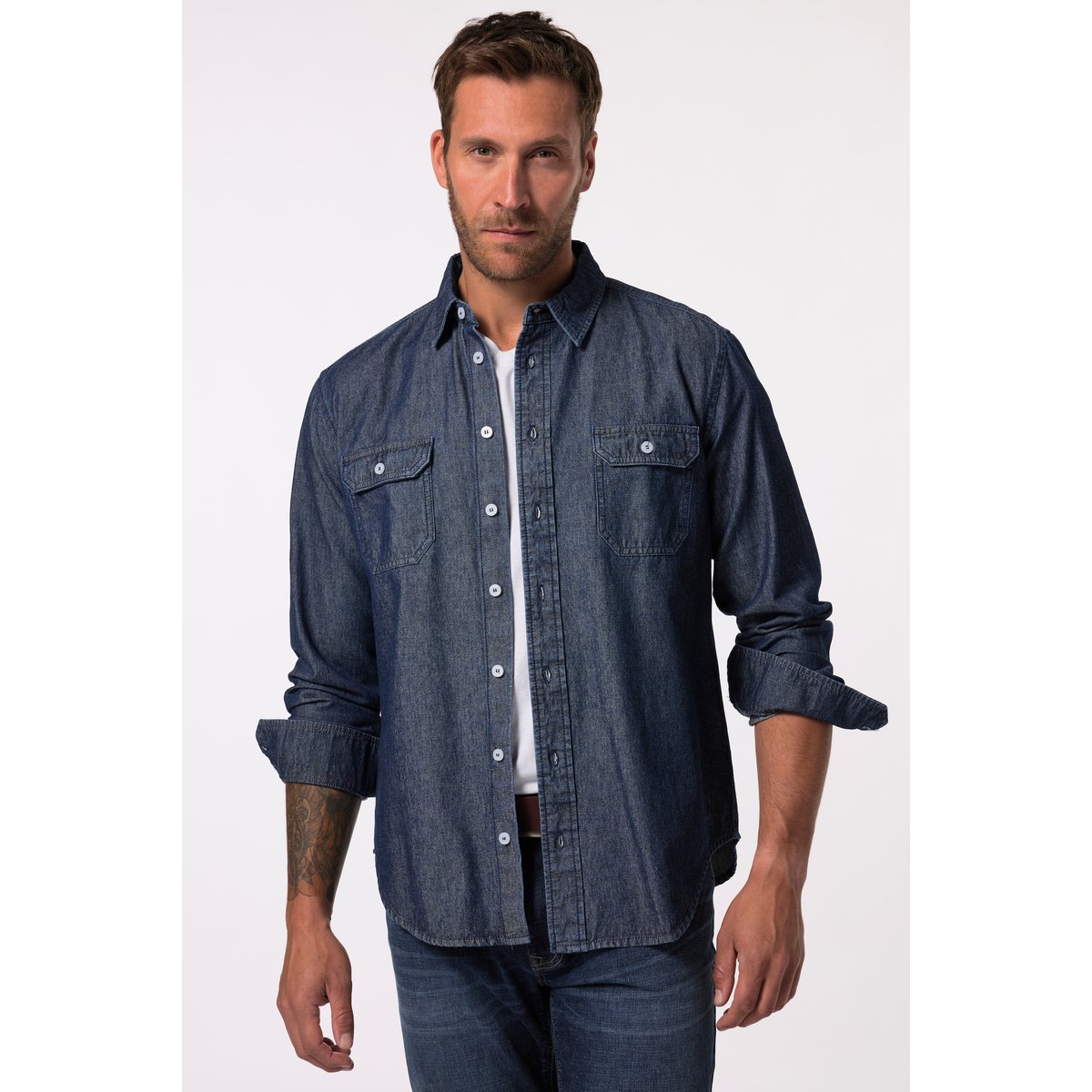 Chemise en jean, manches longues et col Kent jean bleu foncé, JP1880