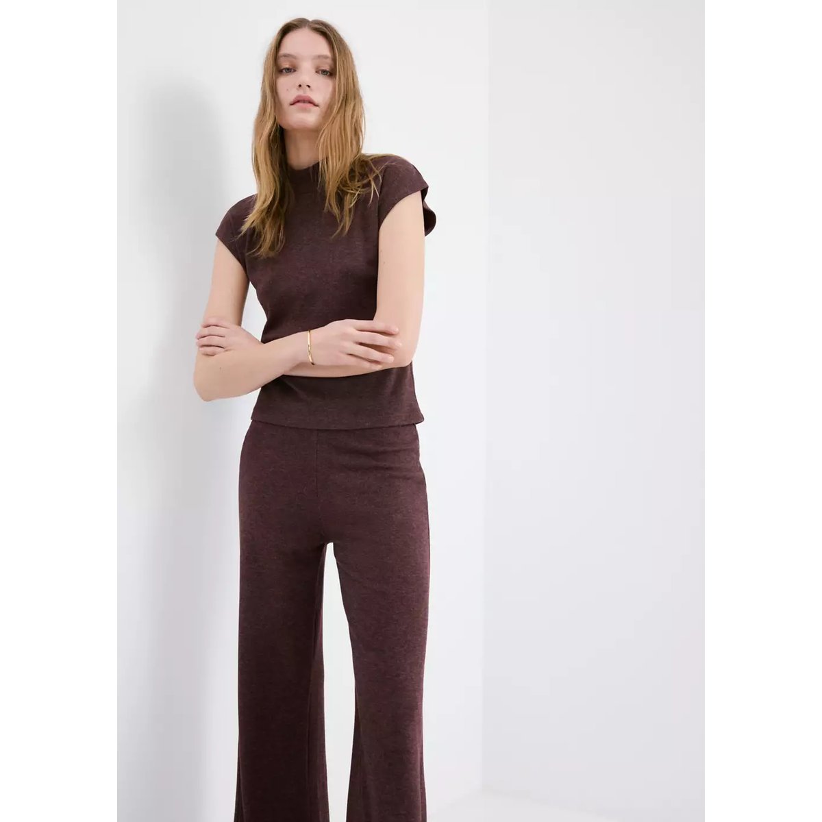 Pantalon maille taille élastique bordeaux, MANGO