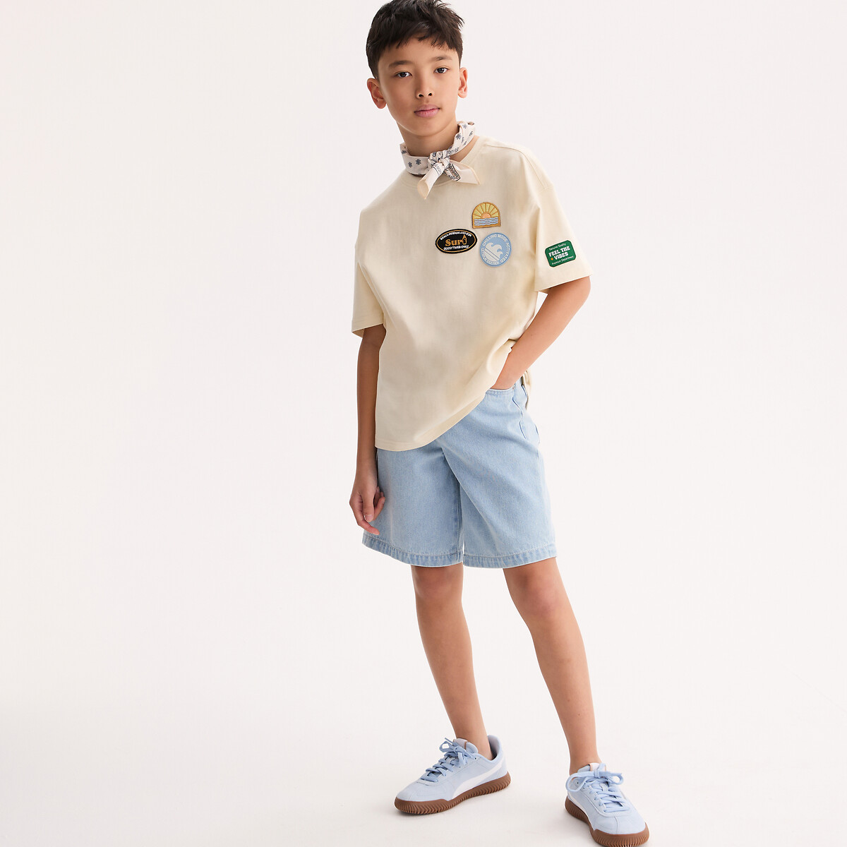 T-shirt manches courtes, oversize, avec badges ecru, LA REDOUTE COLLECTIONS