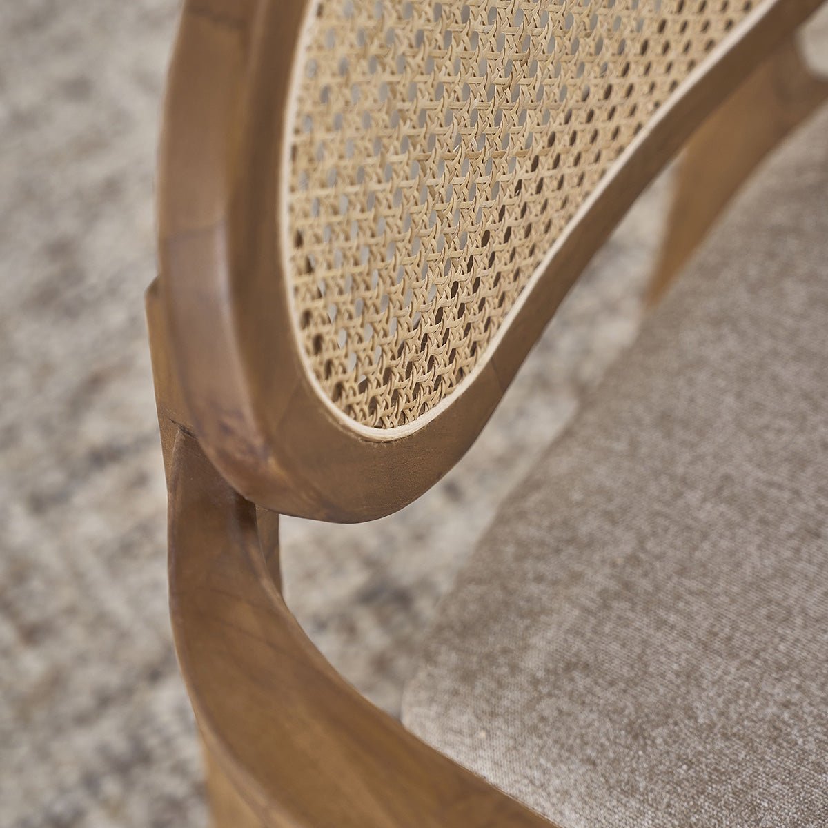 Fauteuil en teck massif , cannage et tissu  SABI grege, BERAH GETAH