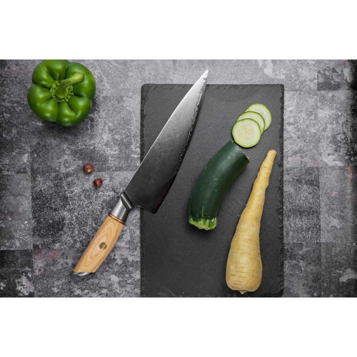 Couteau de cuisine Pakka San Mai modèle Chef 21cm bois clair, FUKITO