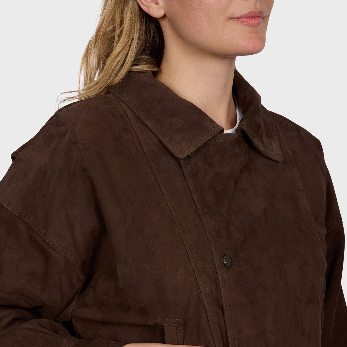 Blouson en cuir suède à col chemise RIVIERA chocolat, OAKWOOD