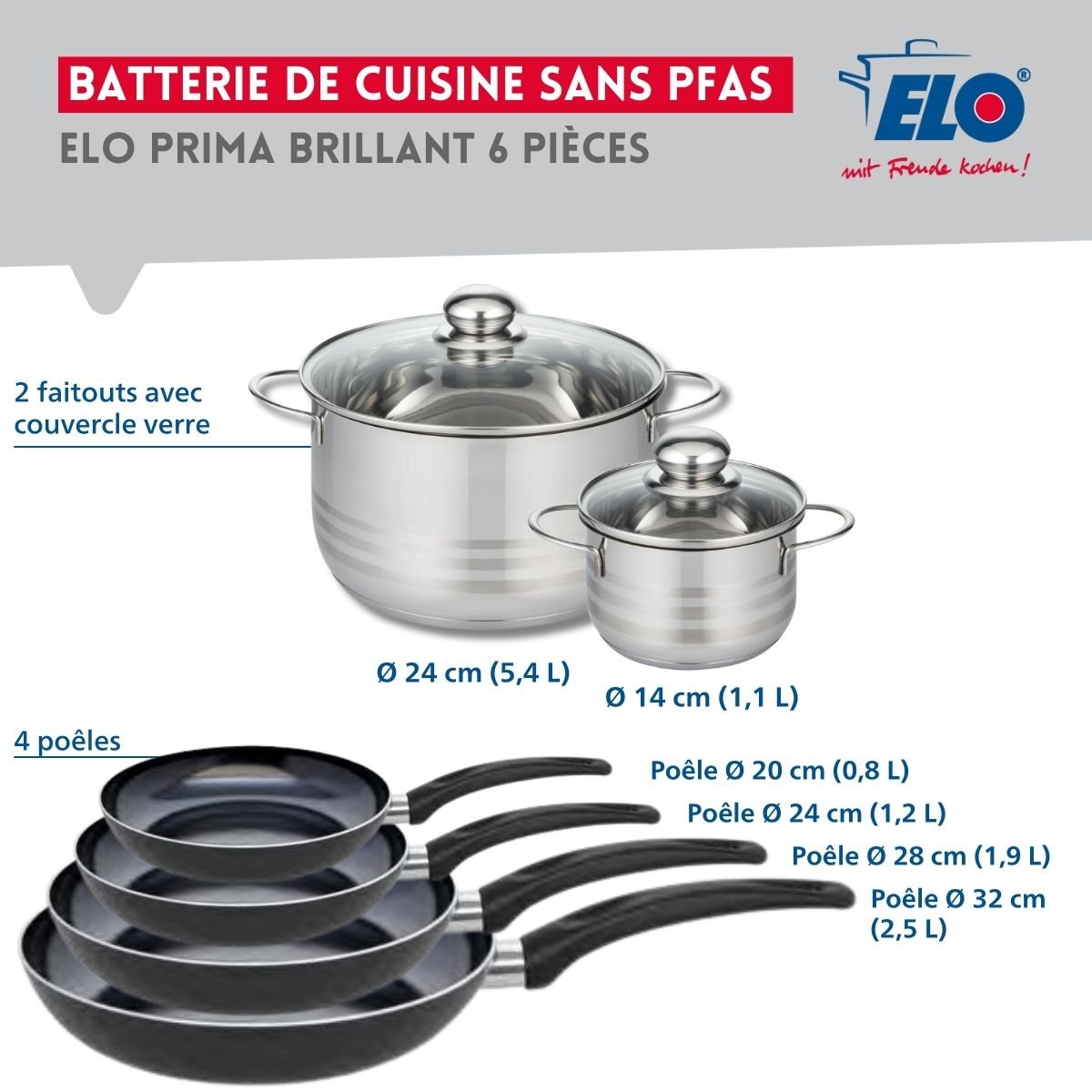 4 poêles 20/24/28/32cm + 2 faitouts 14/24cm PRIMA BRILLANT noir, ELO