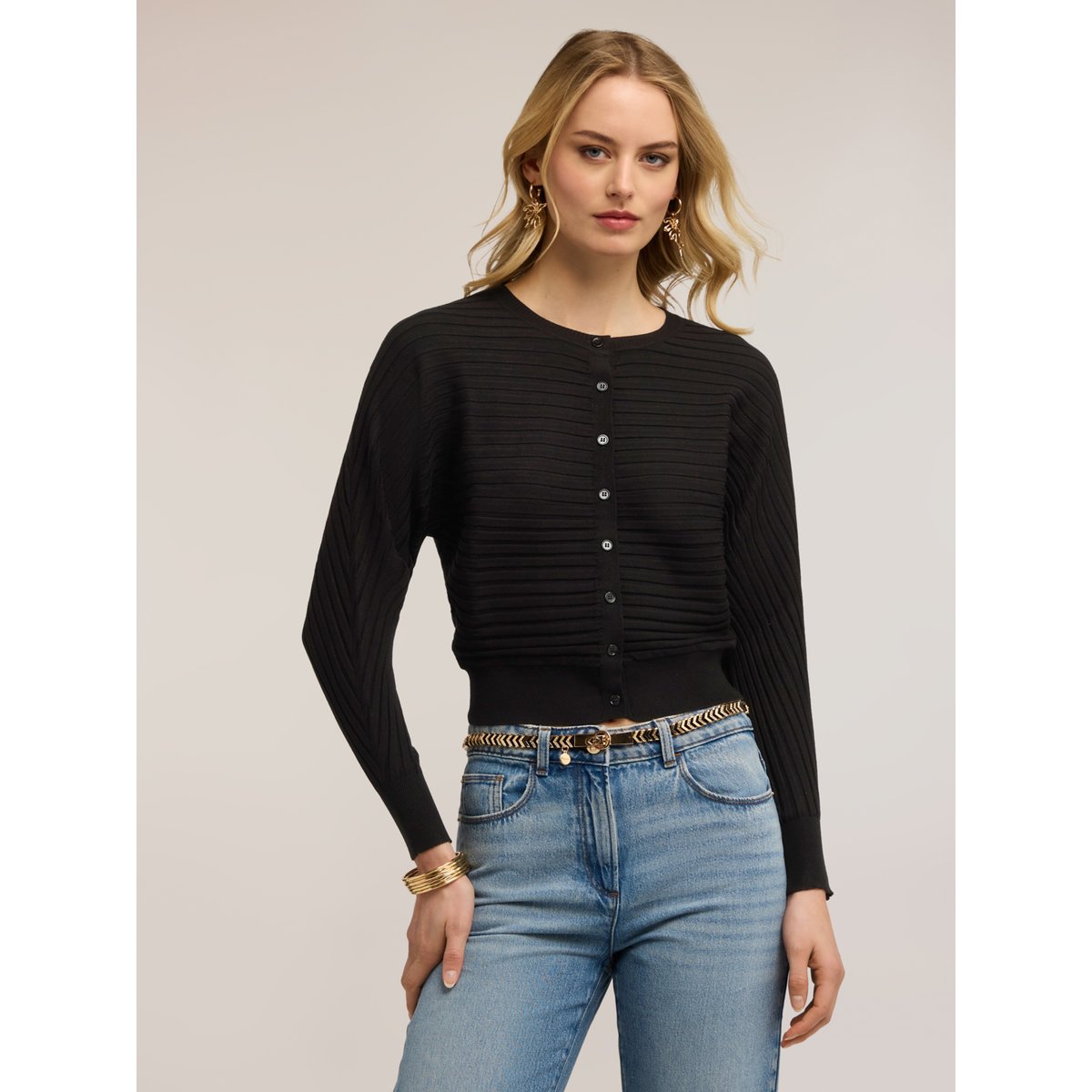 Cardigan en tricot à côtes horizontales noir, MOTIVI