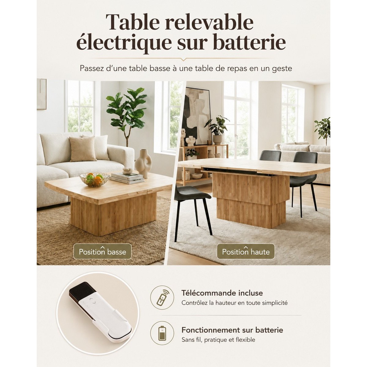 Table basse relevable repas électrique et extensible  - NOWEN marron, MATHI DESIGN
