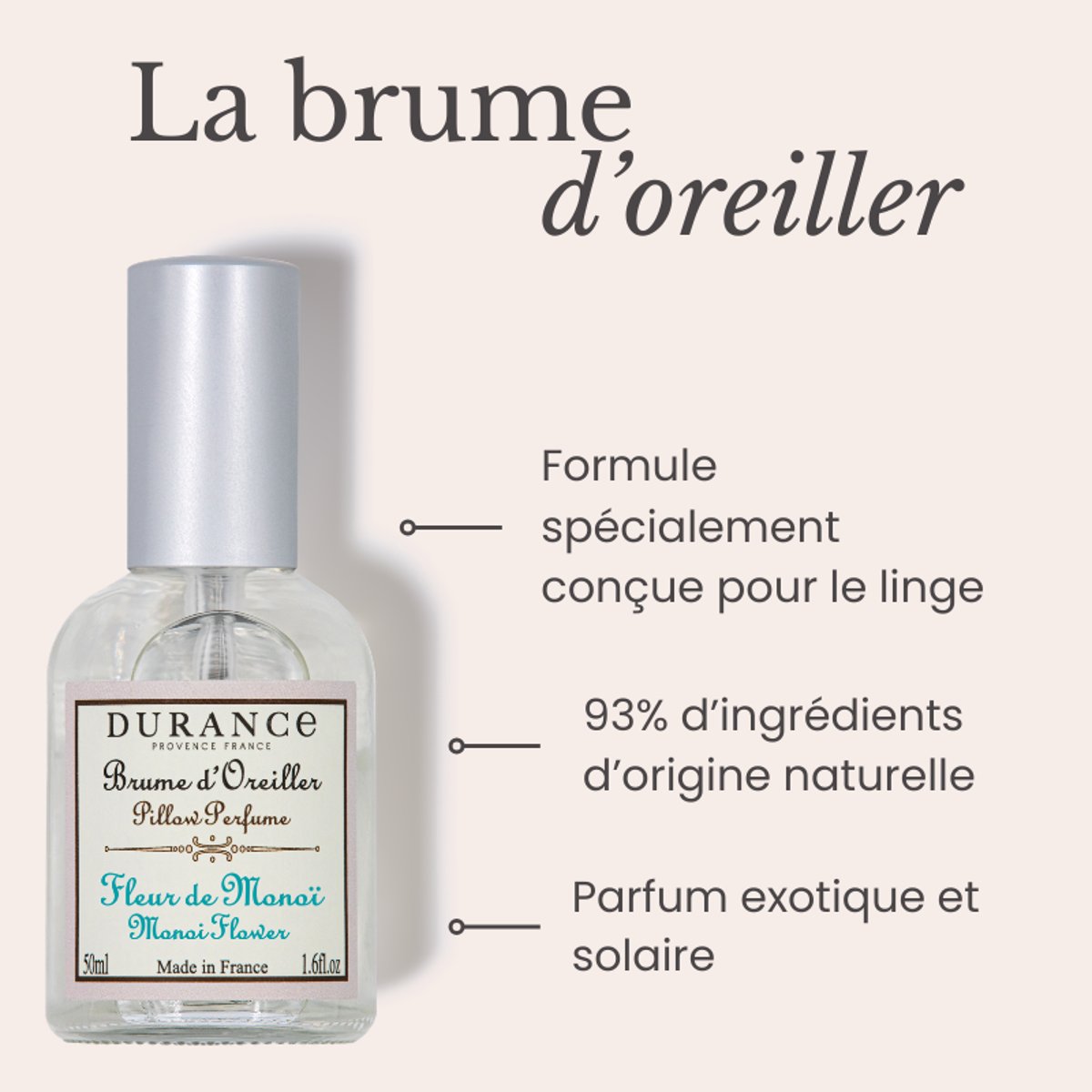 Brume d'oreiller FLEUR DE MONOÏ couleur unique, DURANCE